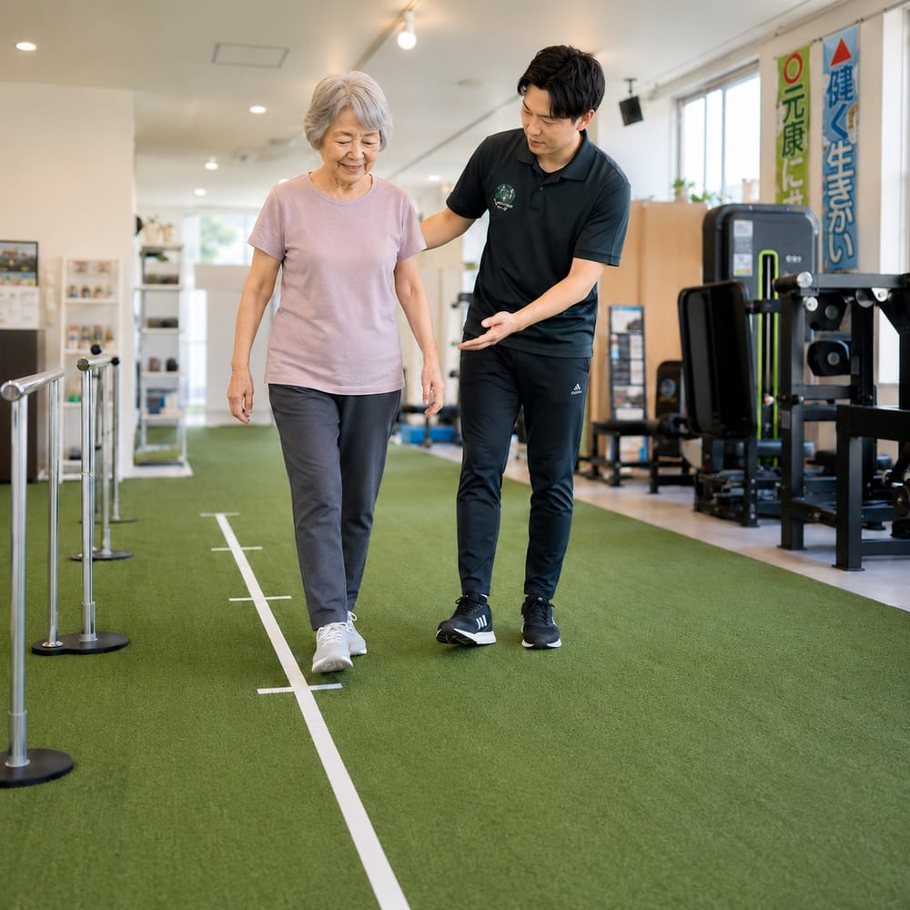 理学療法士が歩き方とバランスを確認している様子