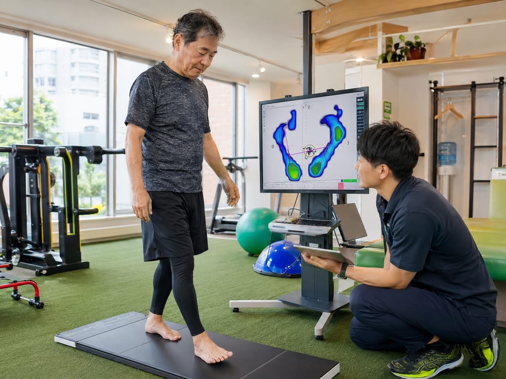 足の裏の体重のかかり方を確認している様子