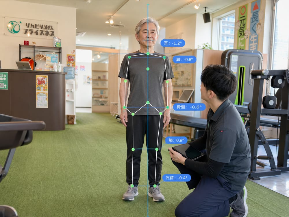 スタッフと一緒に立ち姿勢を確認している様子
